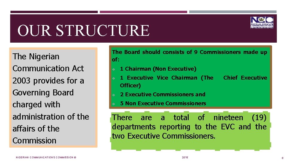 OUR STRUCTURE The Nigerian Communication Act 2003 provides for a Governing Board charged with