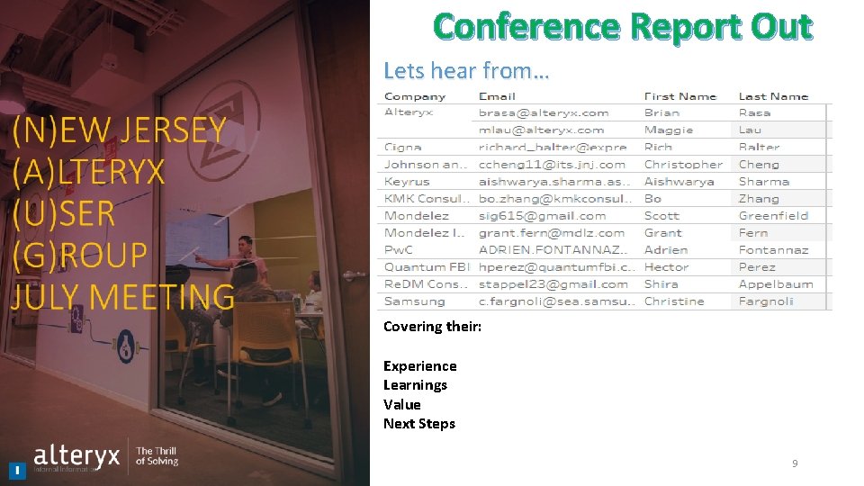 Conference Report Out Lets hear from… Covering their: Experience Learnings Value Next Steps 9