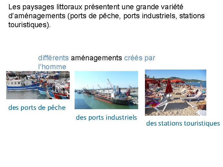 Les paysages littoraux présentent une grande variété d’aménagements (ports de pêche, ports industriels, stations