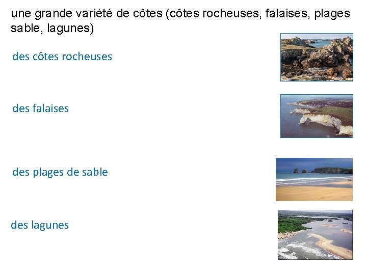 une grande variété de côtes (côtes rocheuses, falaises, plages sable, lagunes) des côtes rocheuses