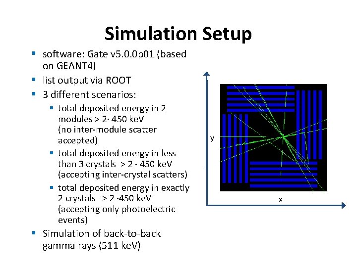 Simulation Setup § software: Gate v 5. 0. 0 p 01 (based on GEANT