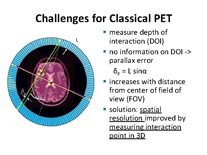 Challenges for Classical PET § measure depth of interaction (DOI) § no information on