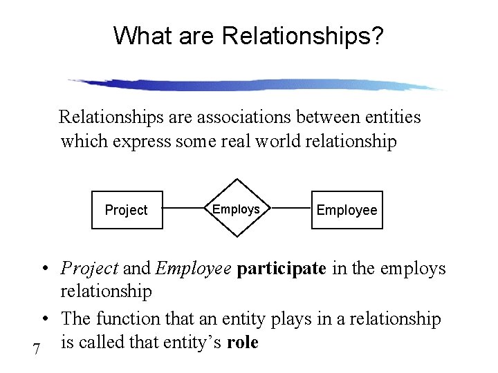 What are Relationships? Relationships are associations between entities which express some real world relationship