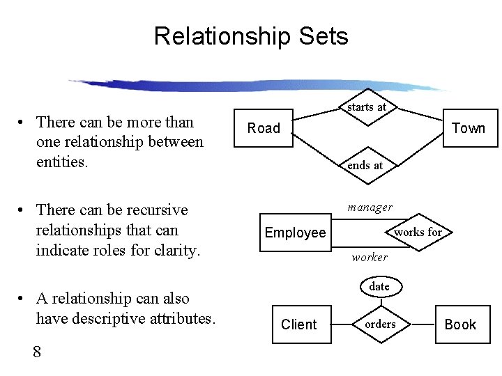 Relationship Sets • There can be more than one relationship between entities. • There