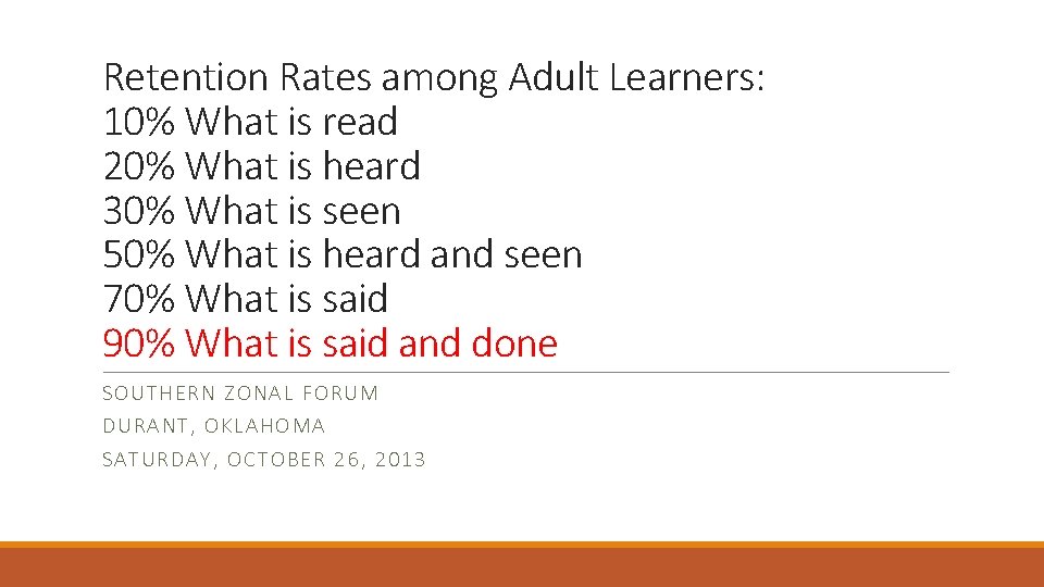 Retention Rates among Adult Learners: 10% What is read 20% What is heard 30%