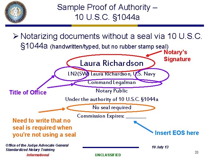 Sample Proof of Authority – 10 U. S. C. § 1044 a Ø Notarizing Sample Proof of Authority – 10 U. S. C. § 1044 a Ø Notarizing