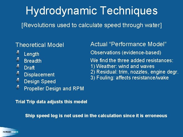 Hydrodynamic Techniques [Revolutions used to calculate speed through water] Theoretical Model Length Breadth Draft
