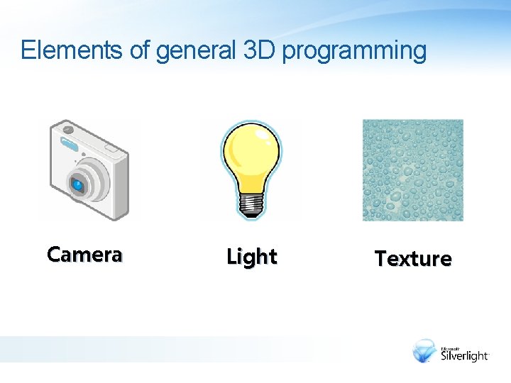 Elements of general 3 D programming Camera Light Texture 
