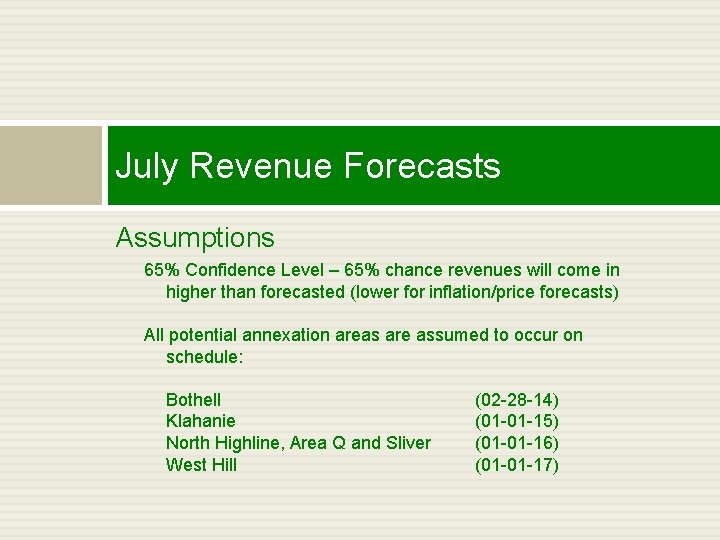 July Revenue Forecasts Assumptions 65% Confidence Level – 65% chance revenues will come in