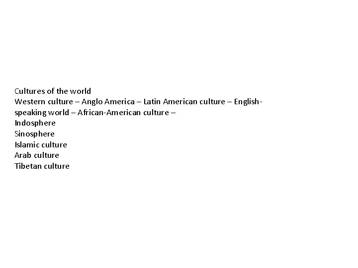 Cultures of the world Western culture – Anglo America – Latin American culture –