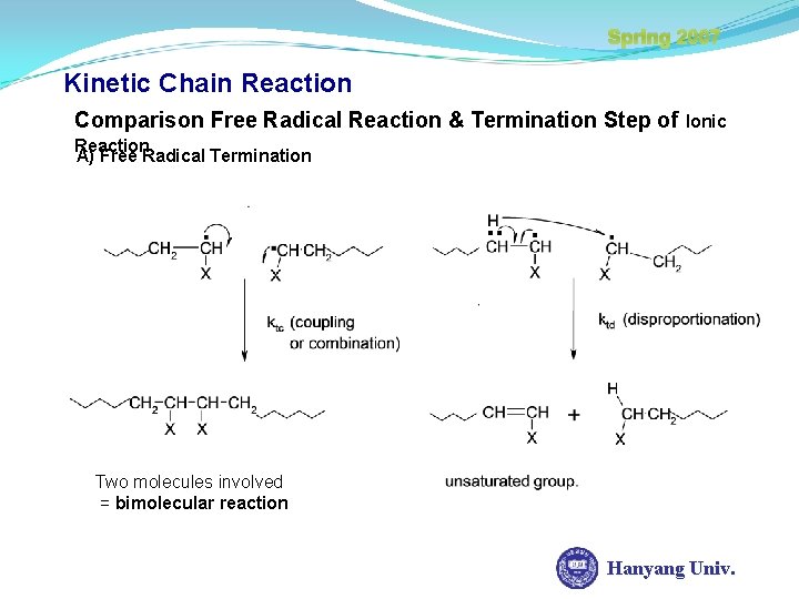 Spring 2007 Kinetic Chain Reaction Comparison Free Radical Reaction & Termination Step of Ionic