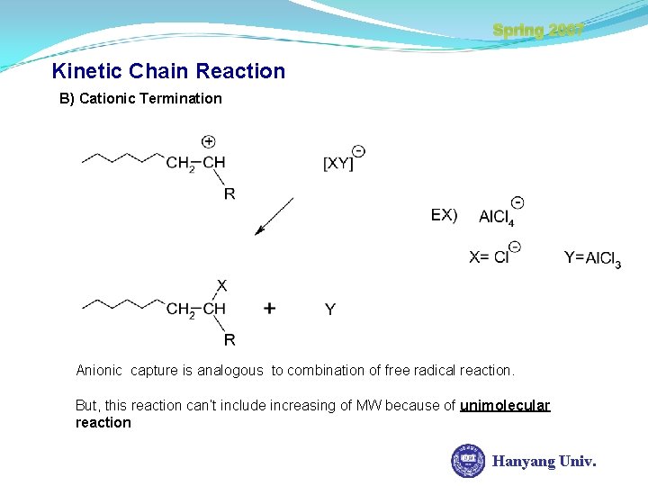 Spring 2007 Kinetic Chain Reaction B) Cationic Termination Anionic capture is analogous to combination