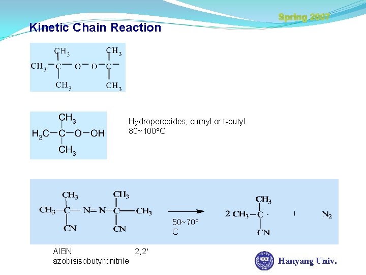 Spring 2007 Kinetic Chain Reaction Hydroperoxides, cumyl or t-butyl 80~100 C 50~70 C AIBN