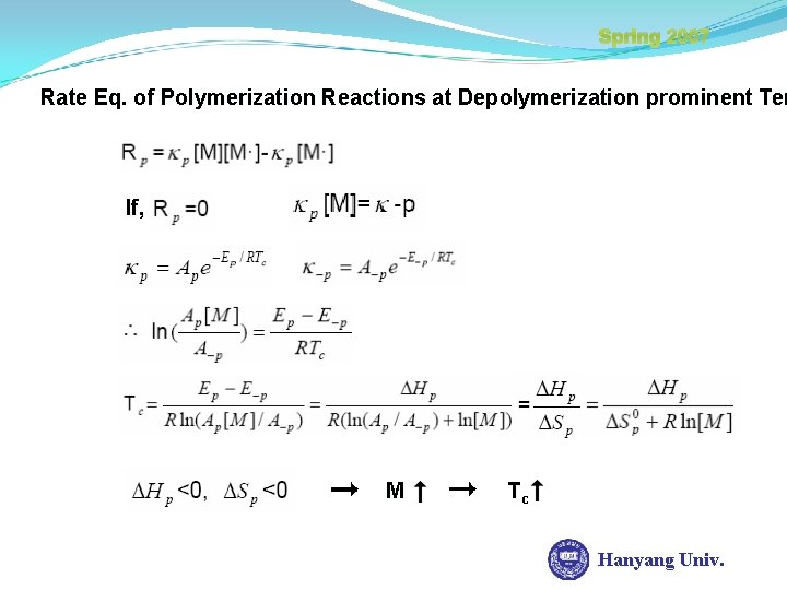 Spring 2007 Rate Eq. of Polymerization Reactions at Depolymerization prominent Tem If, M Tc