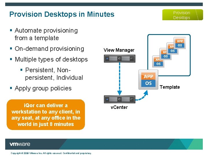 Provision Desktops in Minutes Provision Desktops § Automate provisioning from a template § On-demand