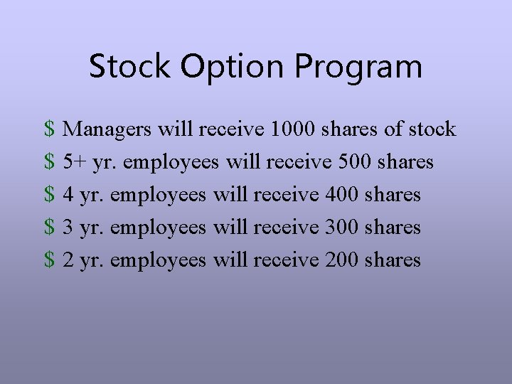 Stock Option Program $ $ $ Managers will receive 1000 shares of stock 5+
