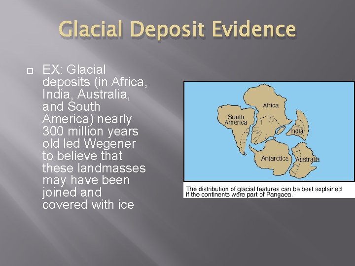 Glacial Deposit Evidence EX: Glacial deposits (in Africa, India, Australia, and South America) nearly