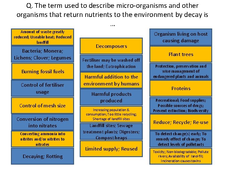 Q. The term used to describe micro-organisms and other organisms that return nutrients to