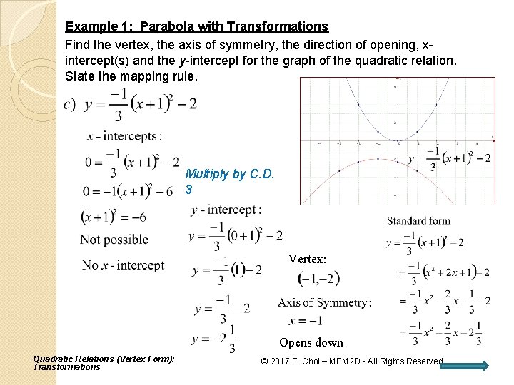 Example 1: Parabola with Transformations Find the vertex, the axis of symmetry, the direction