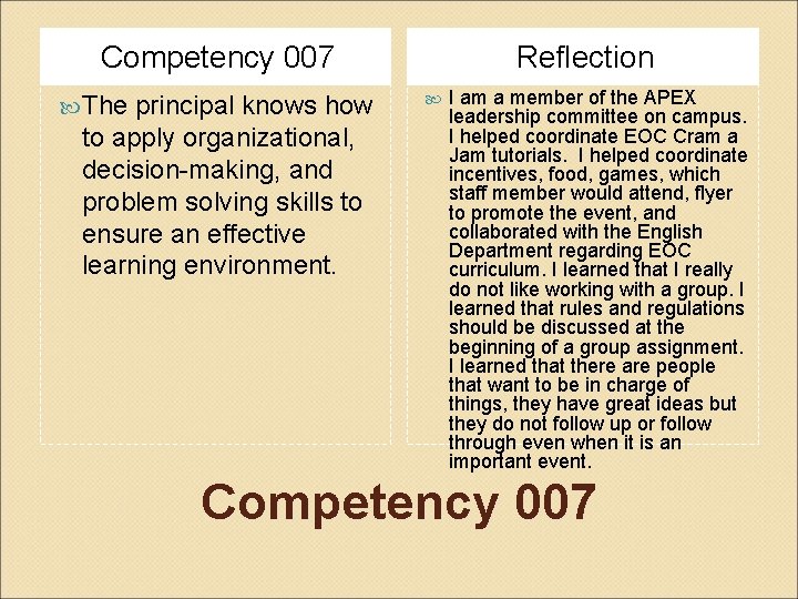 Competency 007 The principal knows how to apply organizational, decision-making, and problem solving skills