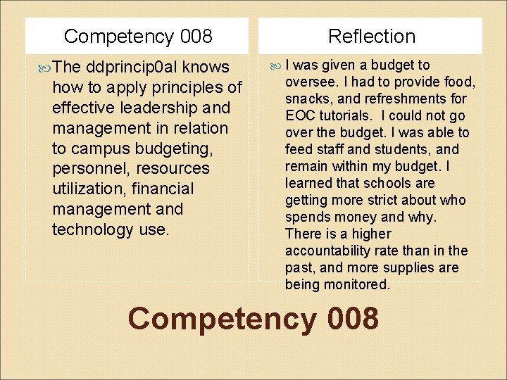 Competency 008 The ddprincip 0 al knows how to apply principles of effective leadership