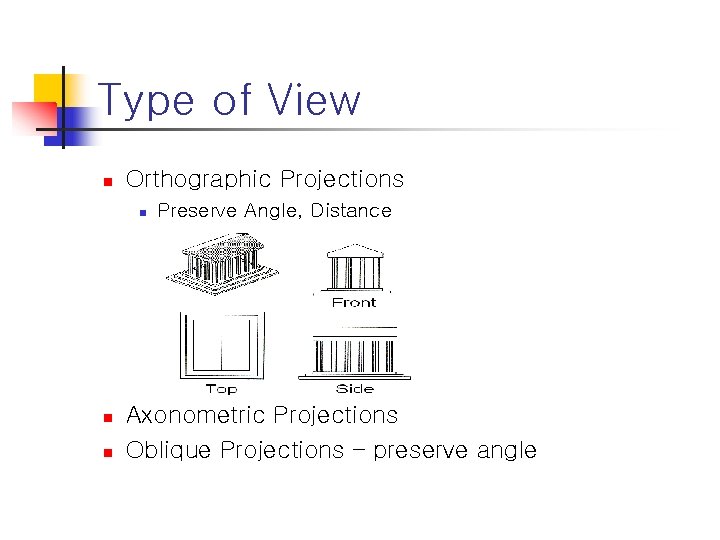 Type of View n Orthographic Projections n n n Preserve Angle, Distance Axonometric Projections