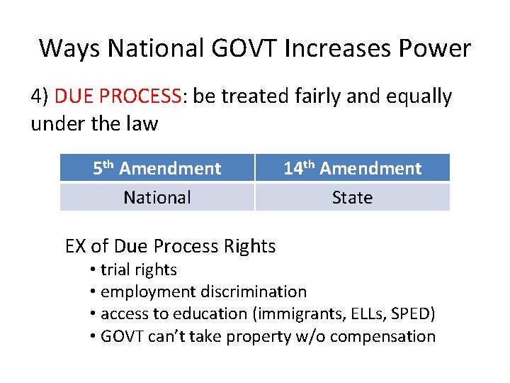 Ways National GOVT Increases Power 4) DUE PROCESS: be treated fairly and equally under