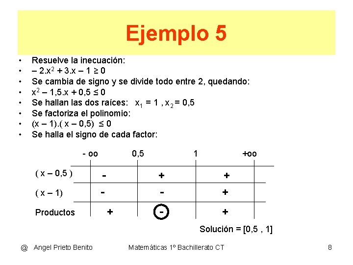 Ejemplo 5 • • Resuelve la inecuación: – 2. x 2 + 3. x