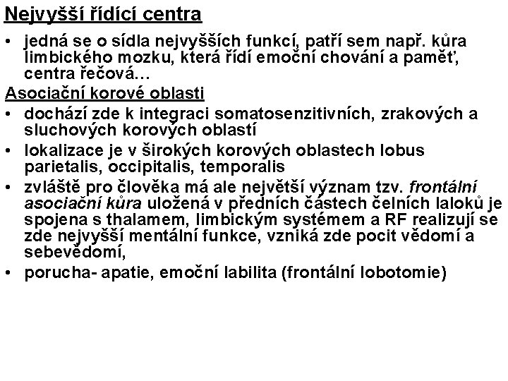 Nejvyšší řídící centra • jedná se o sídla nejvyšších funkcí, patří sem např. kůra