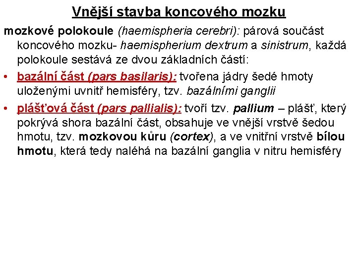 Vnější stavba koncového mozku mozkové polokoule (haemispheria cerebri): párová součást koncového mozku- haemispherium dextrum