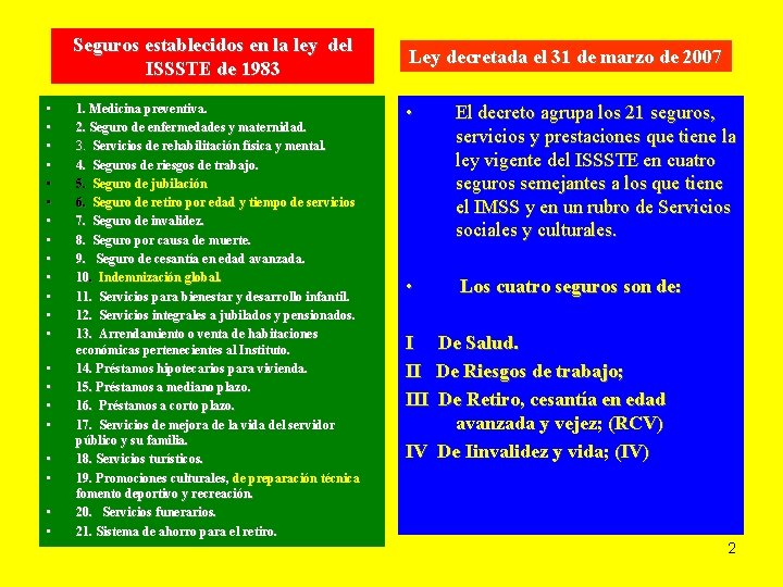 Seguros establecidos en la ley del ISSSTE de 1983 • • • • •