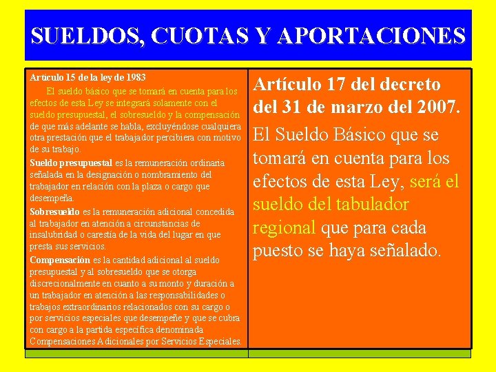 SUELDOS, CUOTAS Y APORTACIONES Artículo 15 de la ley de 1983 El sueldo básico