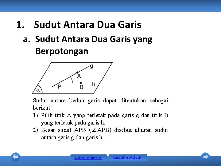1. Sudut Antara Dua Garis a. Sudut Antara Dua Garis yang Berpotongan Sudut antara 1. Sudut Antara Dua Garis a. Sudut Antara Dua Garis yang Berpotongan Sudut antara