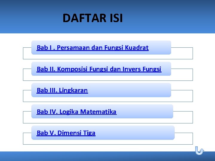 DAFTAR ISI Bab I. Persamaan dan Fungsi Kuadrat Bab II. Komposisi Fungsi dan Invers DAFTAR ISI Bab I. Persamaan dan Fungsi Kuadrat Bab II. Komposisi Fungsi dan Invers