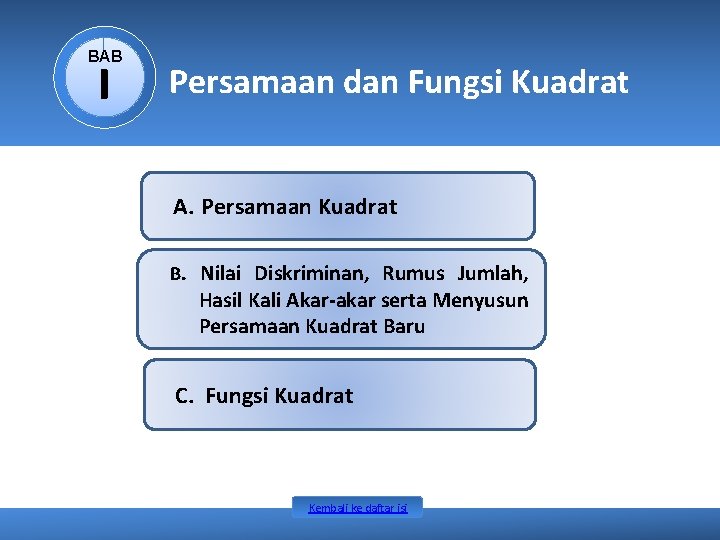 BAB I Persamaan dan Fungsi Kuadrat A. Persamaan Kuadrat B. Nilai Diskriminan, Rumus Jumlah, BAB I Persamaan dan Fungsi Kuadrat A. Persamaan Kuadrat B. Nilai Diskriminan, Rumus Jumlah,