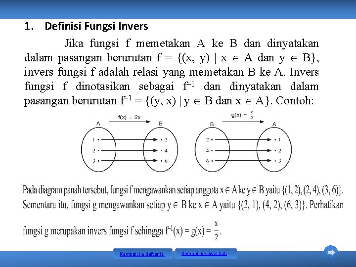 1. Definisi Fungsi Invers Jika fungsi f memetakan A ke B dan dinyatakan dalam 1. Definisi Fungsi Invers Jika fungsi f memetakan A ke B dan dinyatakan dalam