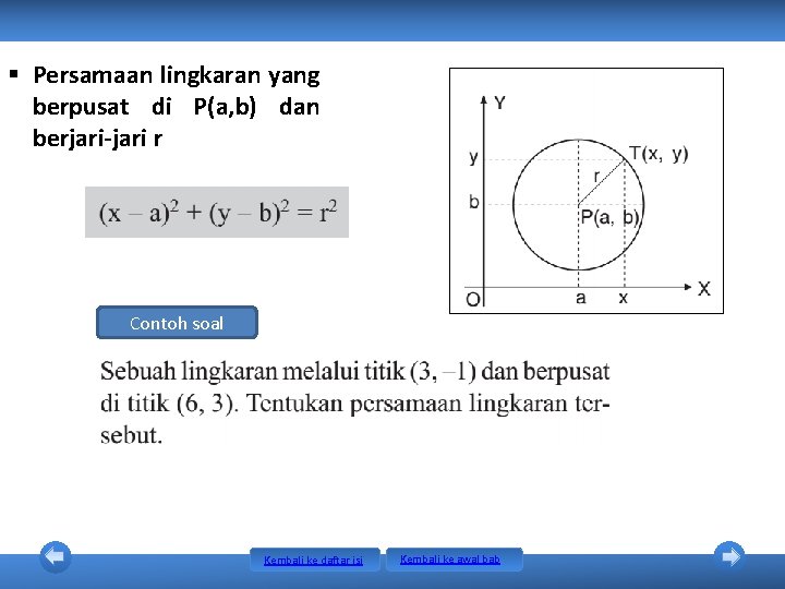 § Persamaan lingkaran yang berpusat di P(a, b) dan berjari-jari r Contoh soal Kembali § Persamaan lingkaran yang berpusat di P(a, b) dan berjari-jari r Contoh soal Kembali