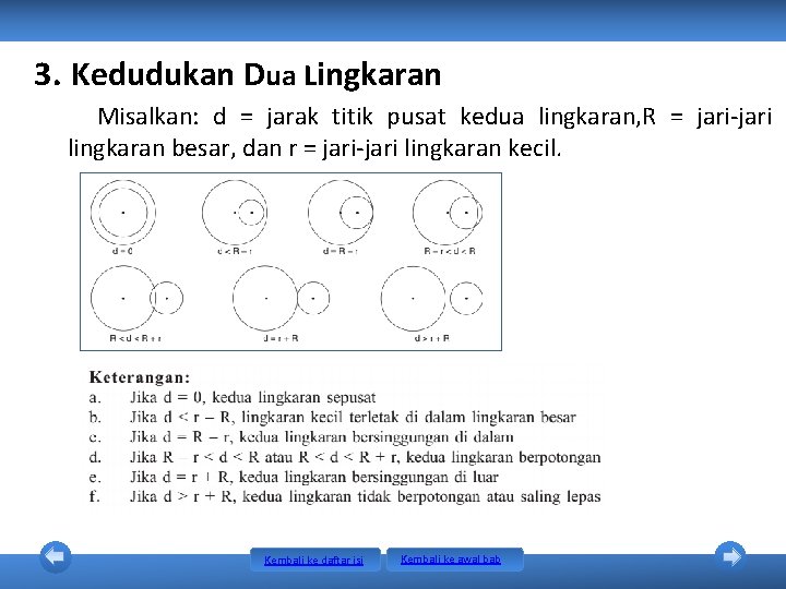 3. Kedudukan Dua Lingkaran Misalkan: d = jarak titik pusat kedua lingkaran, R = 3. Kedudukan Dua Lingkaran Misalkan: d = jarak titik pusat kedua lingkaran, R =
