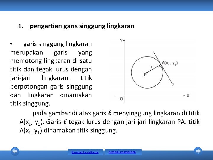 1. pengertian garis singgung lingkaran • garis singgung lingkaran merupakan garis yang memotong lingkaran 1. pengertian garis singgung lingkaran • garis singgung lingkaran merupakan garis yang memotong lingkaran