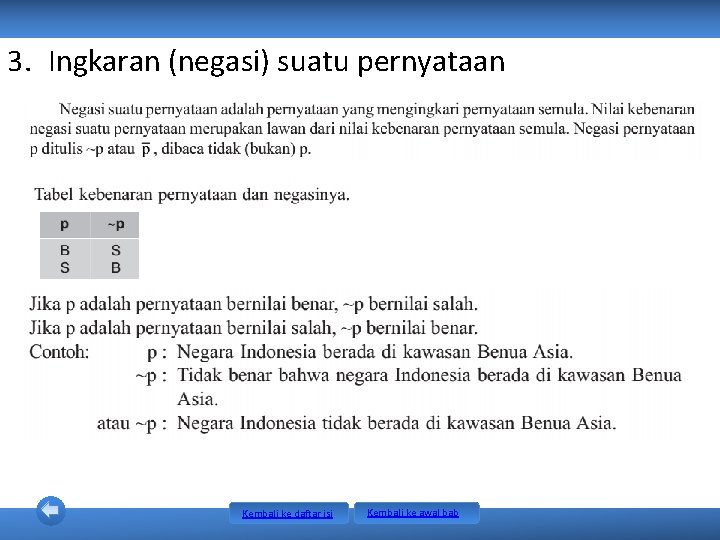 3. Ingkaran (negasi) suatu pernyataan Kembali ke daftar isi Kembali ke awal bab 3. Ingkaran (negasi) suatu pernyataan Kembali ke daftar isi Kembali ke awal bab