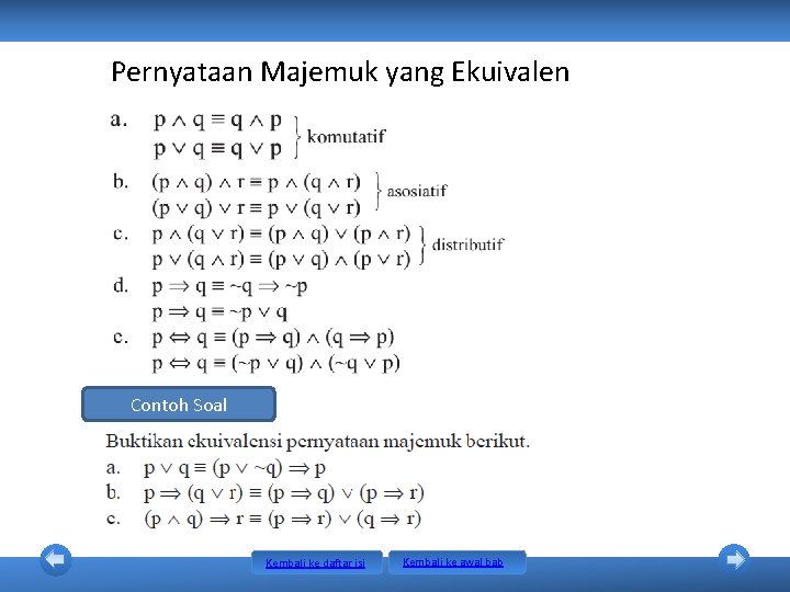Pernyataan Majemuk yang Ekuivalen Contoh Soal Kembali ke daftar isi Kembali ke awal bab Pernyataan Majemuk yang Ekuivalen Contoh Soal Kembali ke daftar isi Kembali ke awal bab