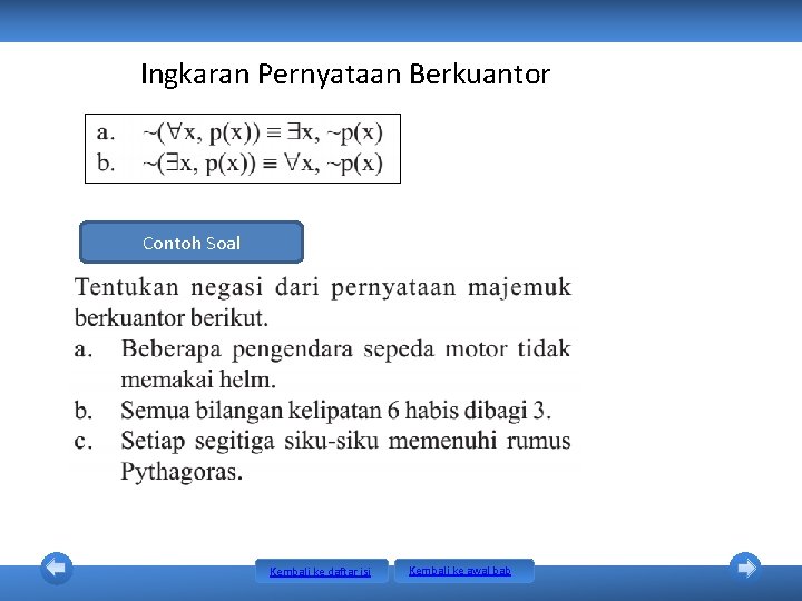 Ingkaran Pernyataan Berkuantor Contoh Soal Kembali ke daftar isi Kembali ke awal bab Ingkaran Pernyataan Berkuantor Contoh Soal Kembali ke daftar isi Kembali ke awal bab