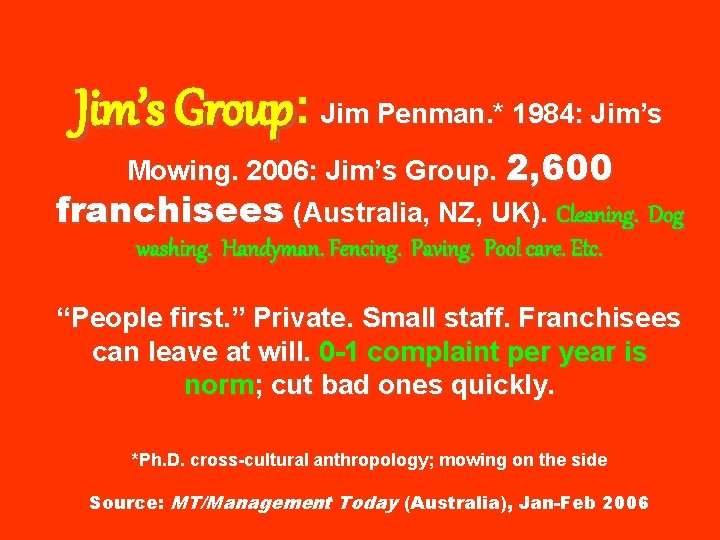 Jim’s Group: Jim Penman. * 1984: Jim’s Mowing. 2006: Jim’s Group. 2, 600 franchisees