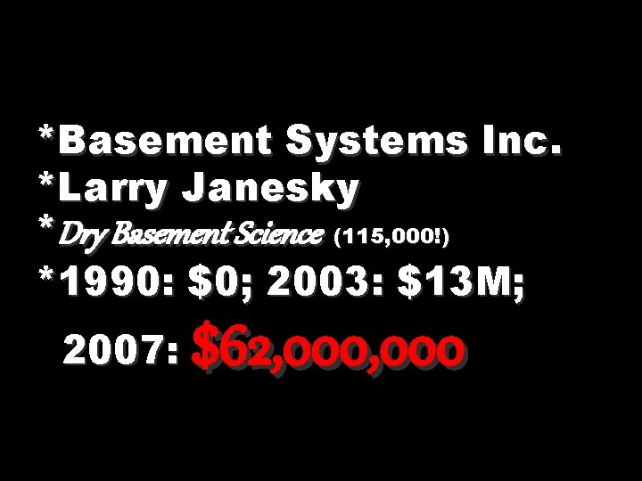 *Basement Systems Inc. *Larry Janesky *Dry Basement Science (115, 000!) *1990: $0; 2003: $13