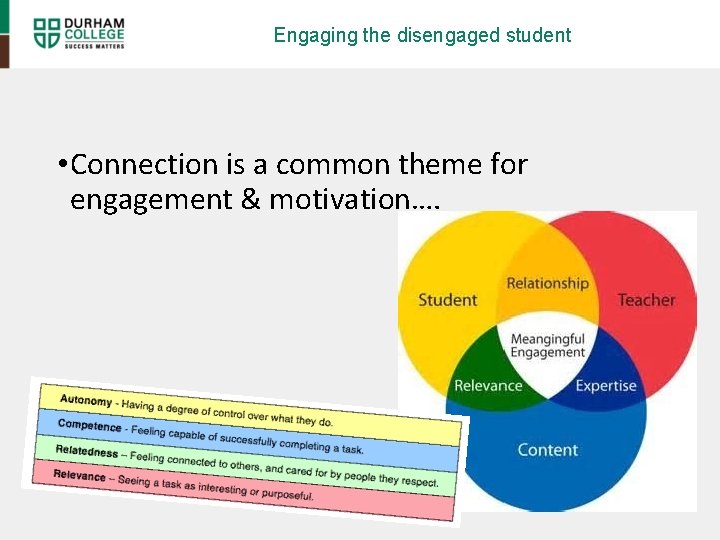 Engaging the disengaged student • Connection is a common theme for engagement & motivation….