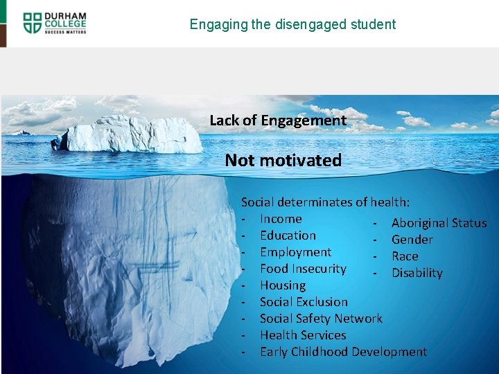 Engaging the disengaged student Lack of Engagement Not motivated Social determinates of health: -