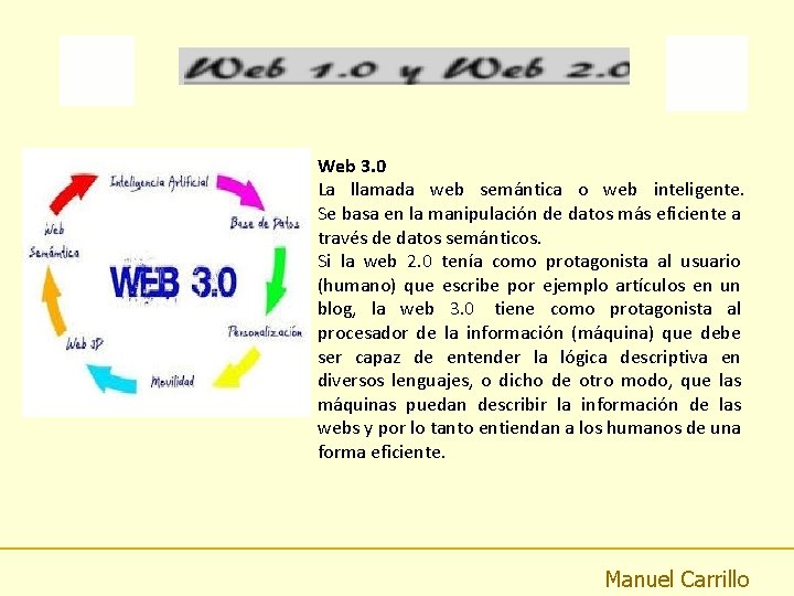 Web 3. 0 La llamada web semántica o web inteligente. Se basa en la