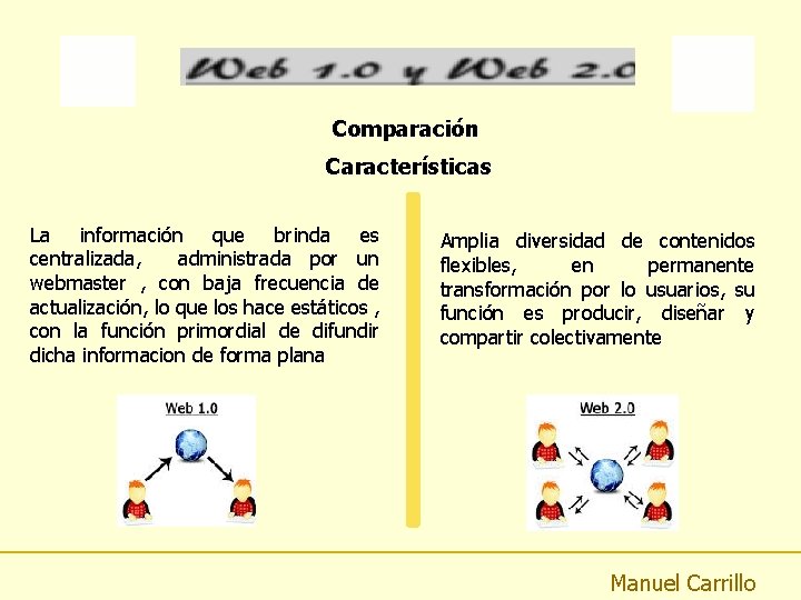 Comparación Características La información que brinda es centralizada, administrada por un webmaster , con