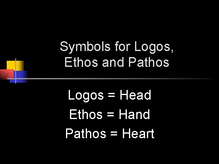 Symbols for Logos, Ethos and Pathos Logos = Head Ethos = Hand Pathos =