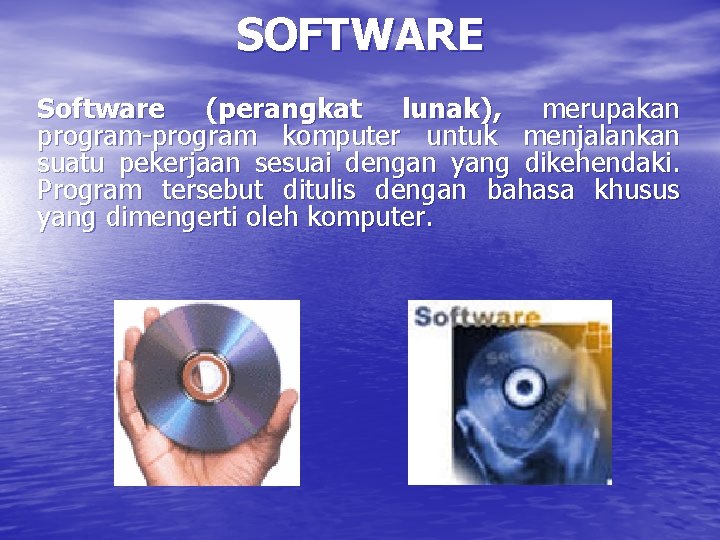 SOFTWARE Software (perangkat lunak), merupakan program-program komputer untuk menjalankan suatu pekerjaan sesuai dengan yang